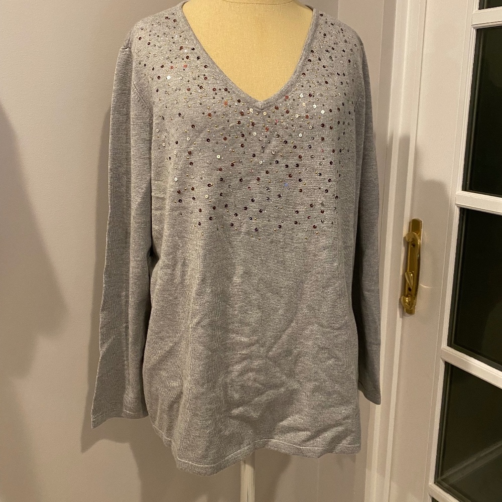 Women's Chico's Grey Sequined V-neck Loose Sweater, Size 2 (L)